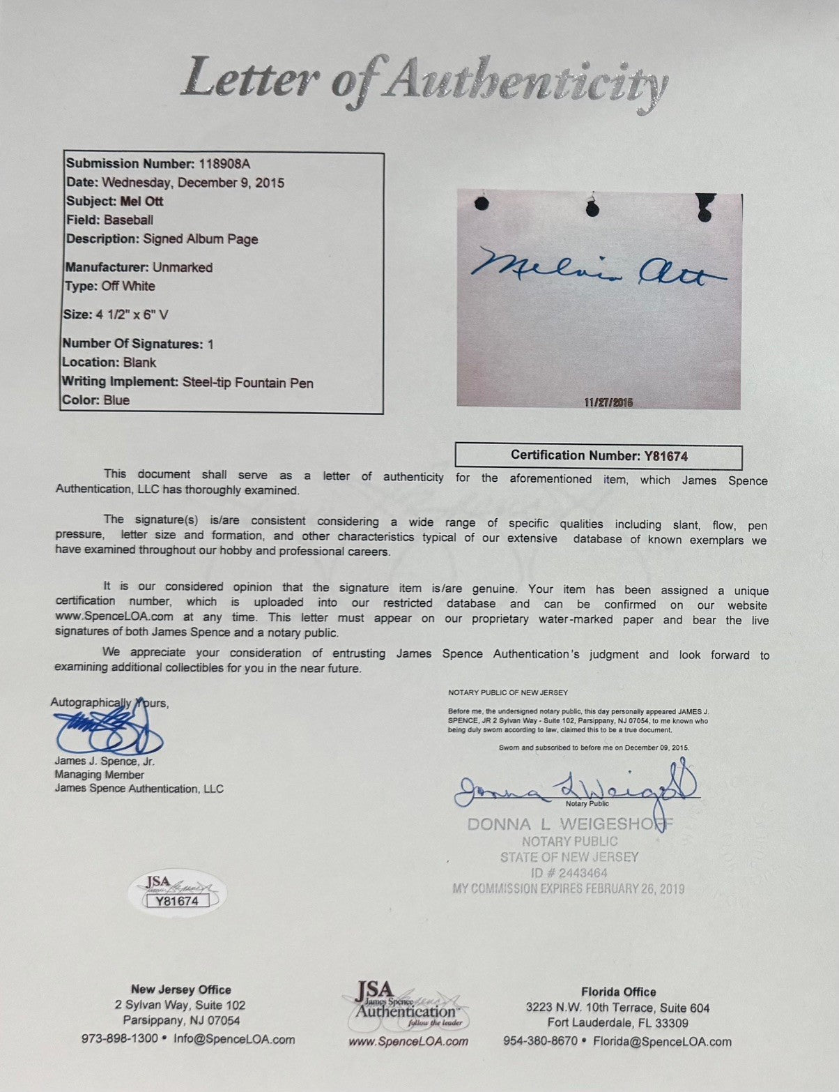 Mel Ott Signed Album Page, Bold. “Melvin” Full Name Autograph. PSA and JSA3