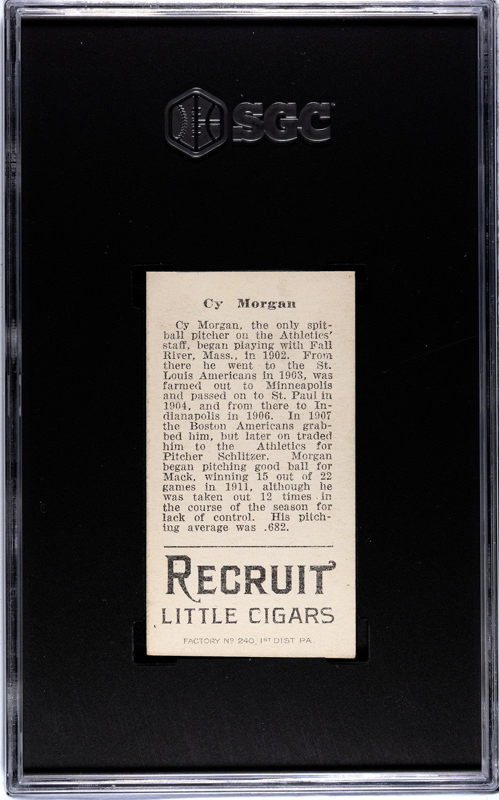 1912 Recruit Little Cigars T207 Cy Morgan SGC Authentic1