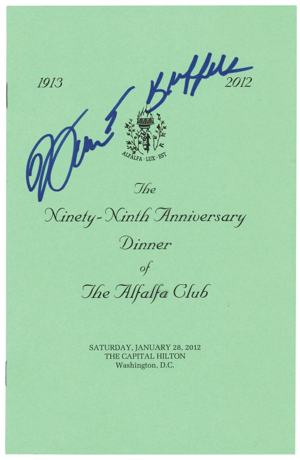 2012 Warren Buffett Signed Autographed Program, Alfalfa Club. Auto PSA