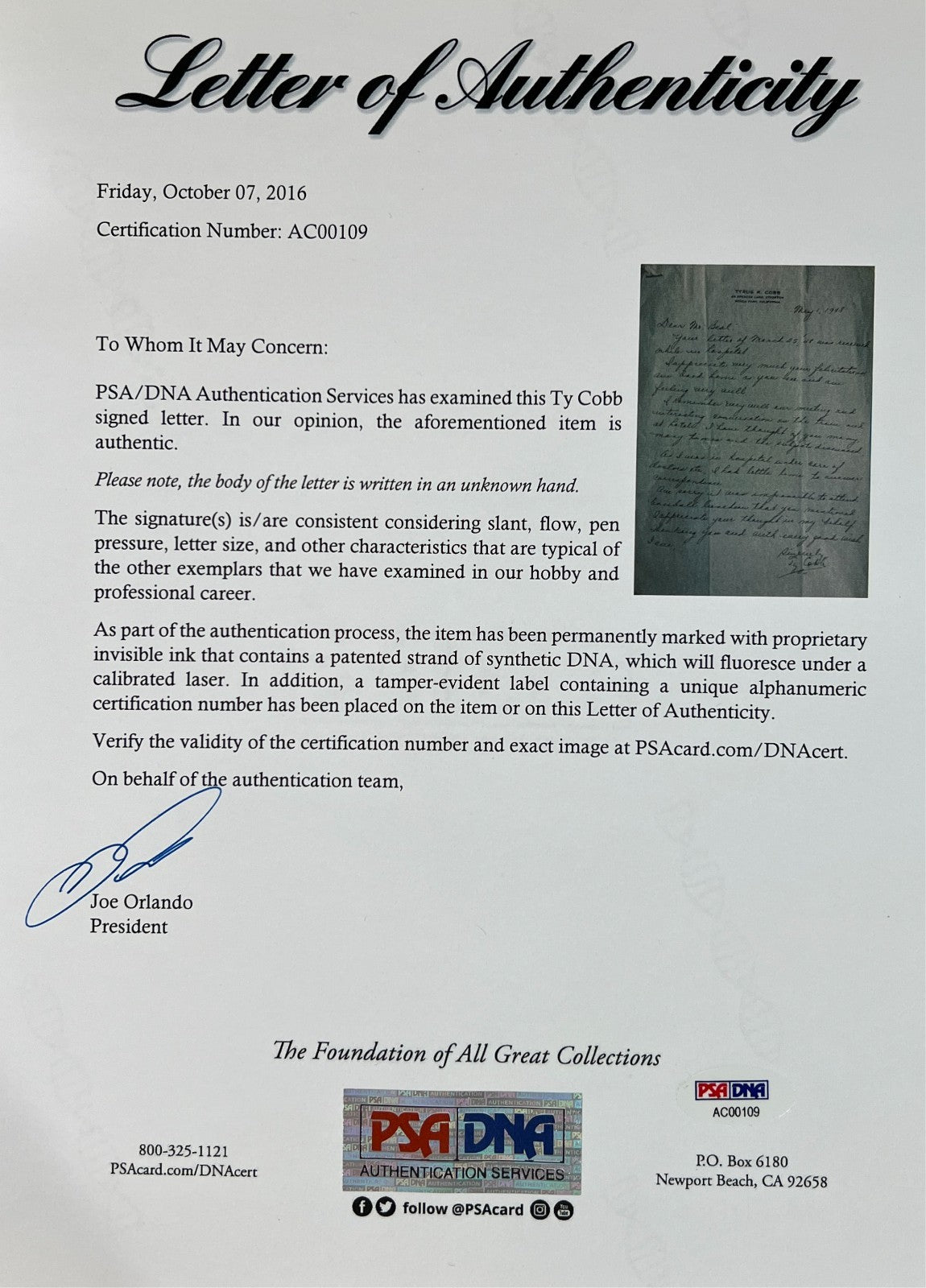 Ty Cobb Signed Letter from 1948, PSA4