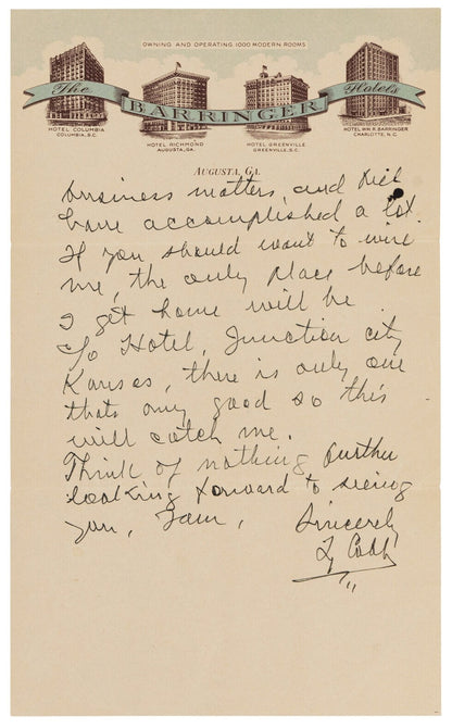 Ty Cobb Handwritten &amp; Signed Autograph Letter. ALS Auto Beckett BAS4
