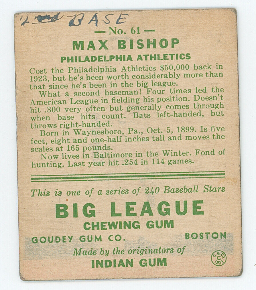 1933 Goudey Max Bishop. 