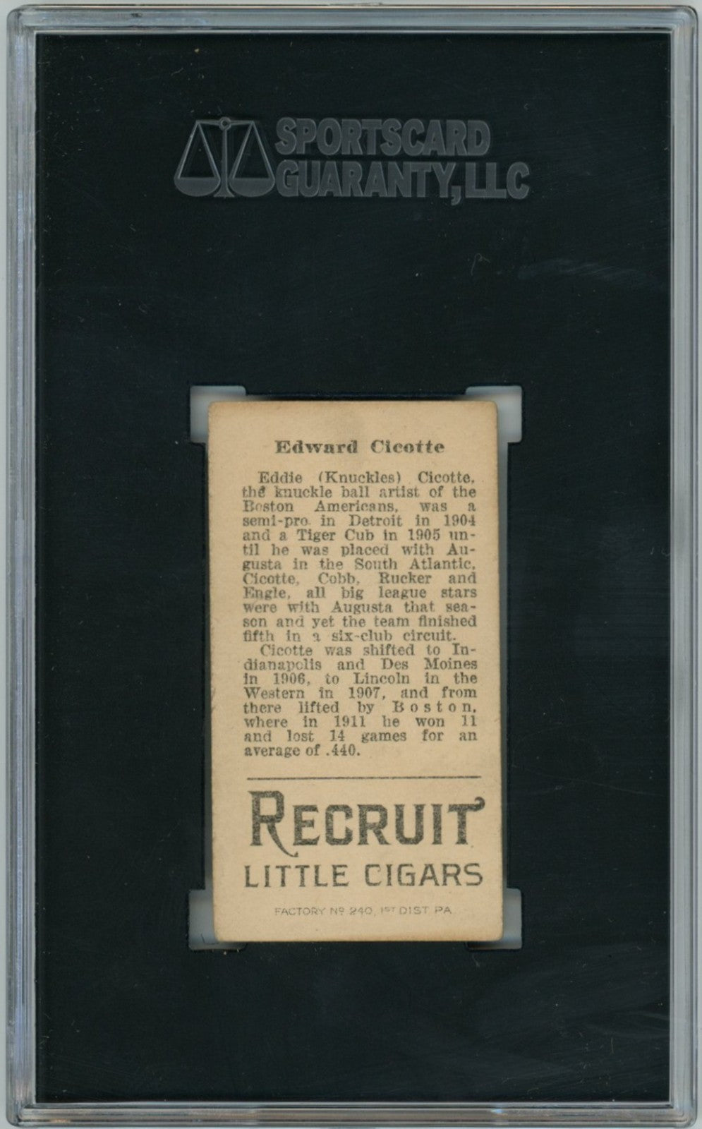 1912 Recruit Little Cigars T207 Eddie Cicotte SGC 41