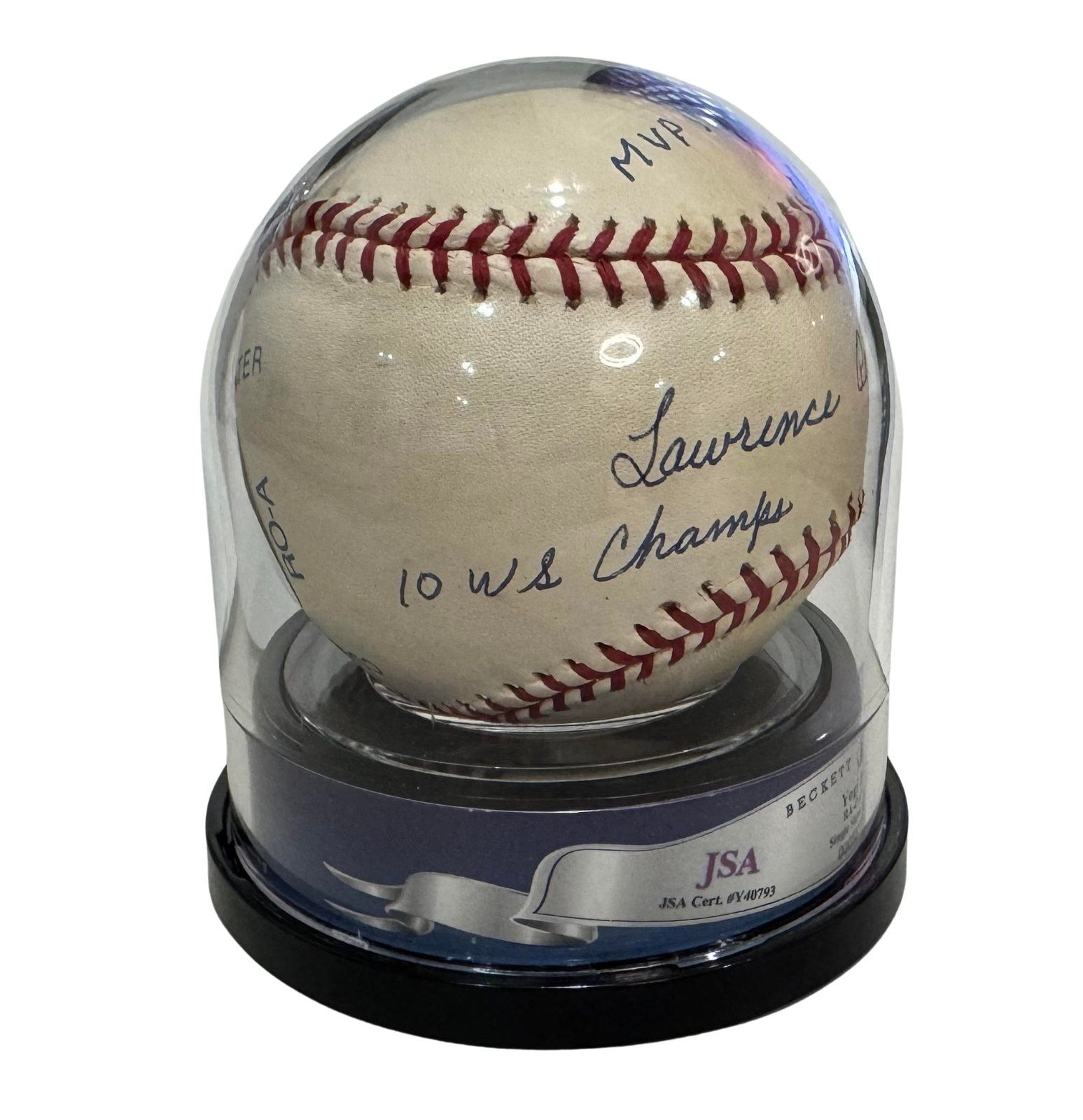 Yogi Berra Signed Stats Baseball. Full Name Autograph with Inscriptions. JSA 92