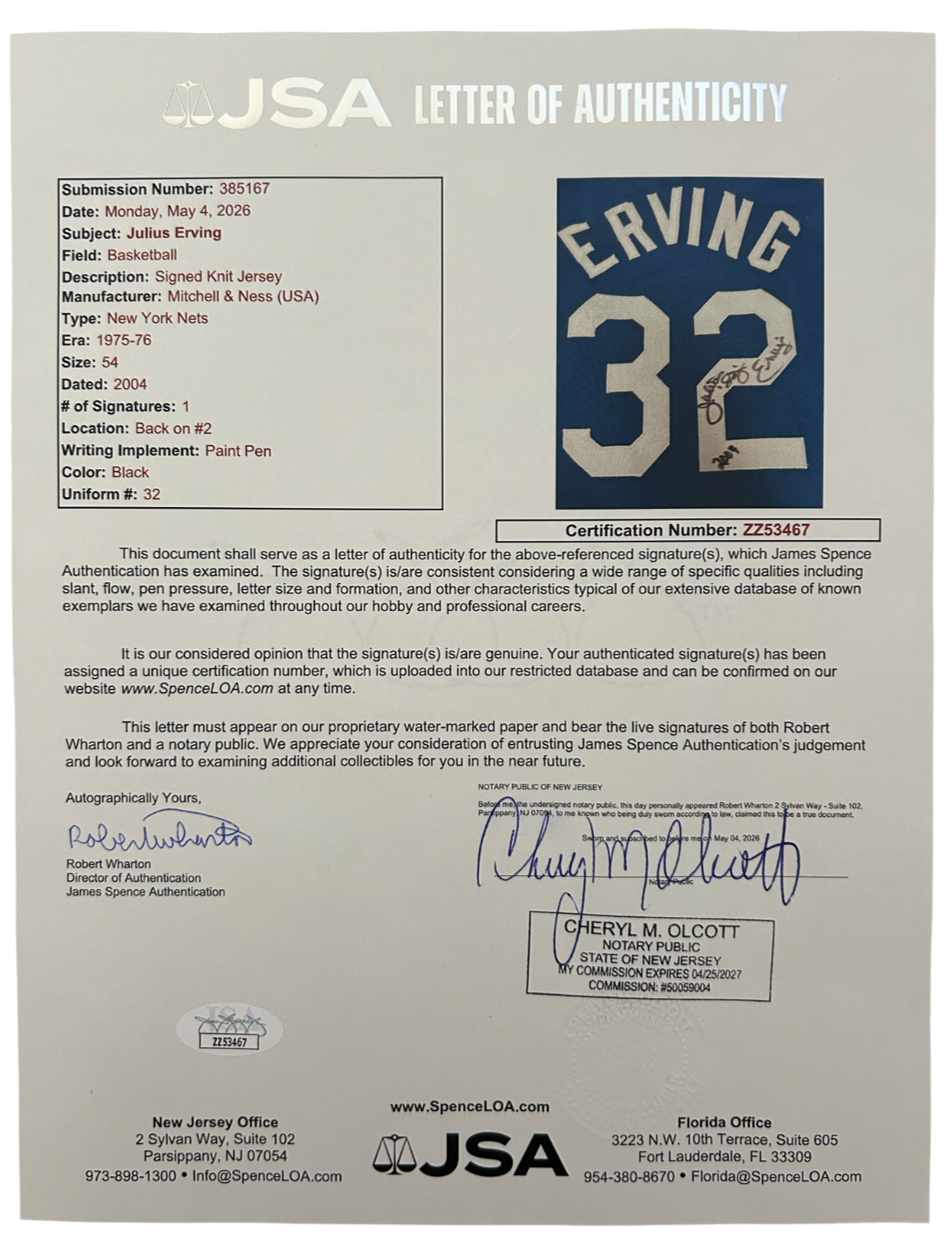 Julius Erving Dr. J Signed Jersey. NY Nets Blue Mitchell Ness Size 54 JSA4