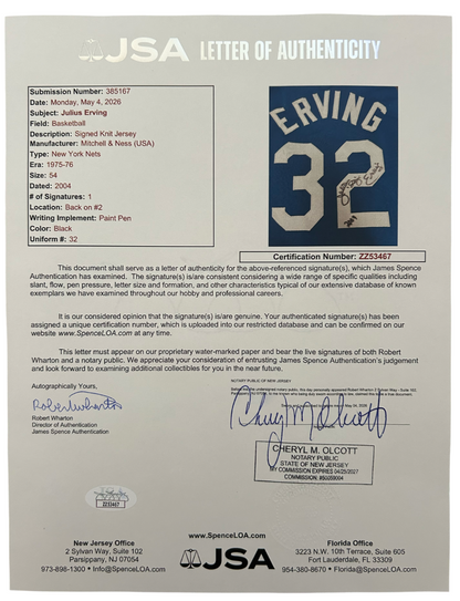 Julius Erving Dr. J Signed Jersey. NY Nets Blue Mitchell Ness Size 54 JSA4