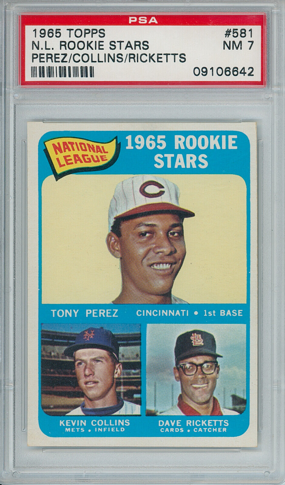 1965 Topps N.L. Rookie Stars. Perez, Collins, Rickets. PSA 7