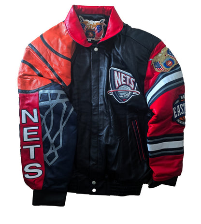 2000s Jeff Hamilton New Jersey Nets NBA Leather Jacket Embroidered Logos0