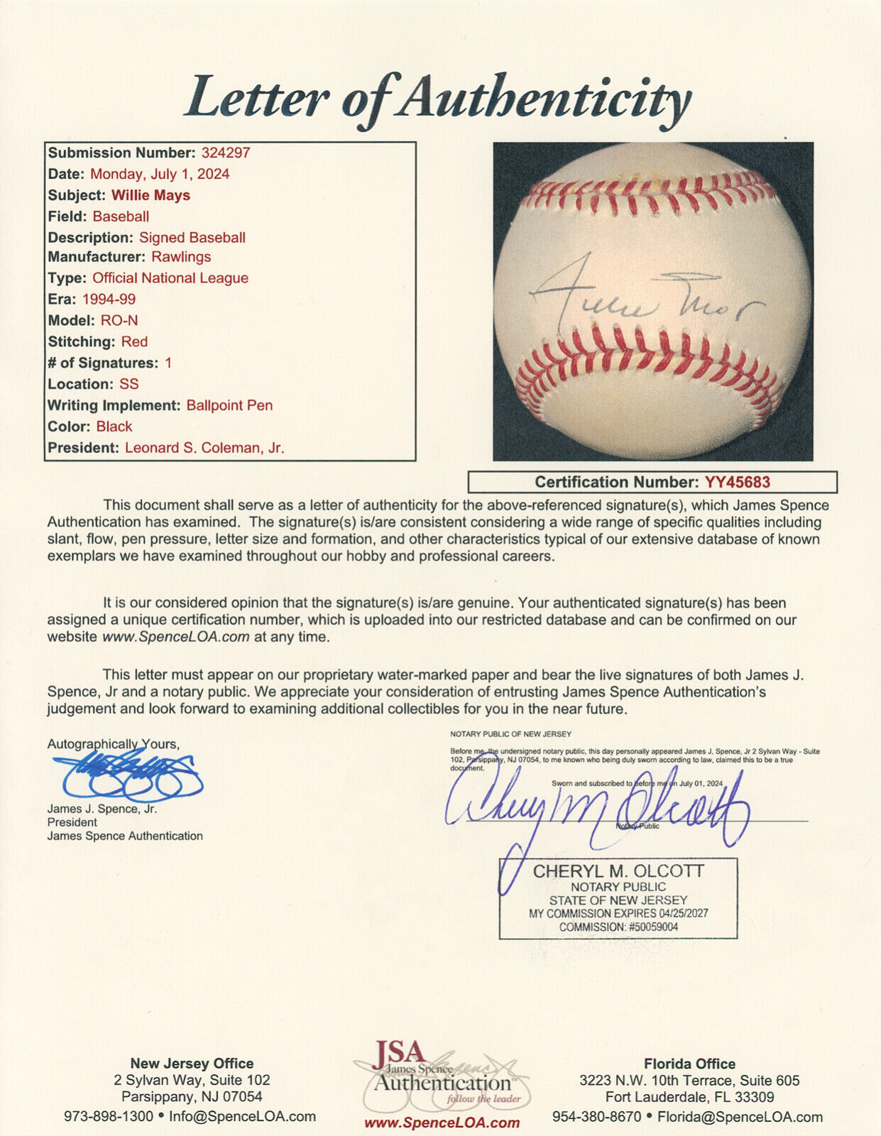 Willie Mays Single Signed Baseball. Auto JSA