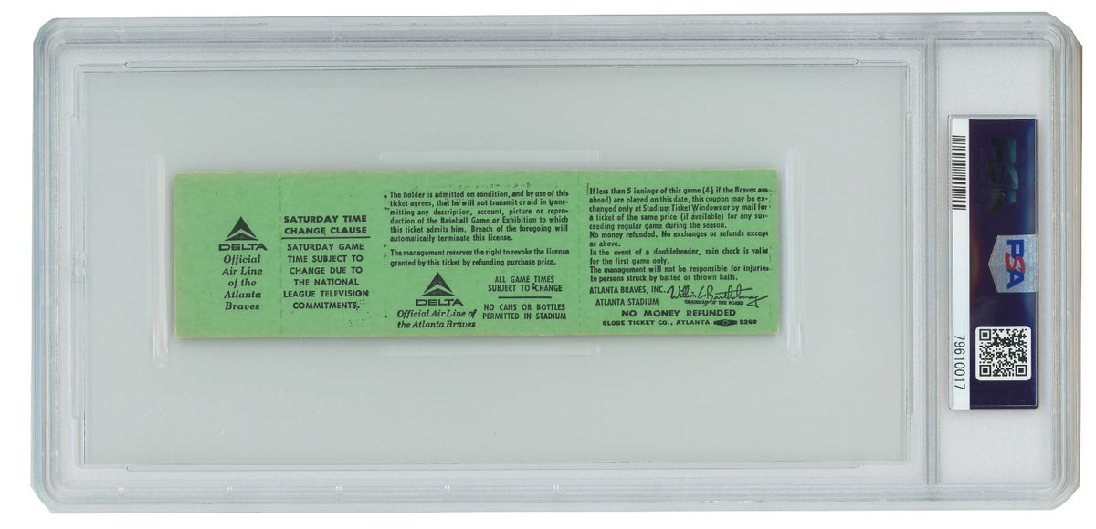 Hank Aaron Signed 715th Home Run Full Proof Ticket – April 8, 1974. PSA 62
