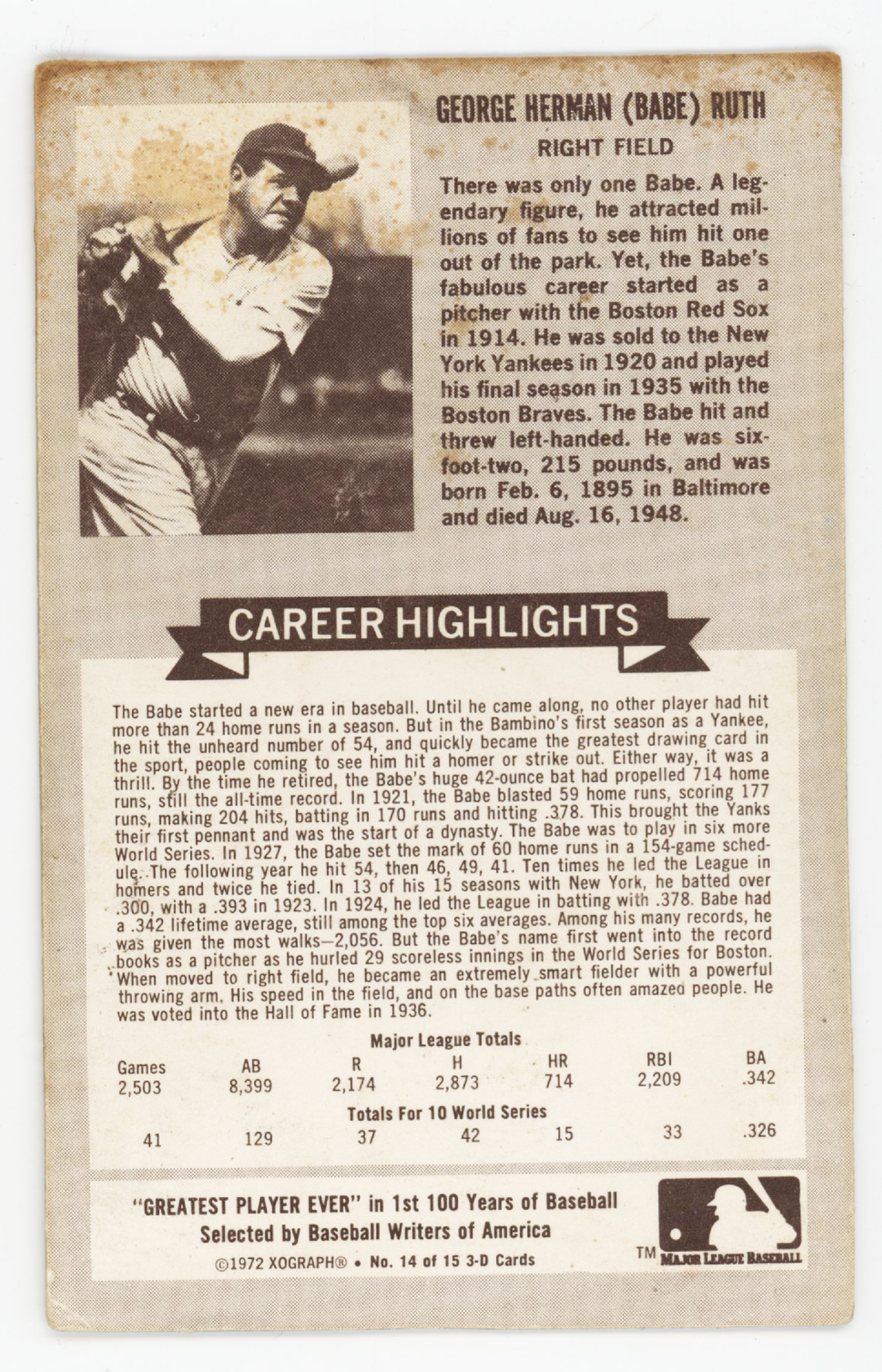 Babe Ruth 1972 Kellogg&