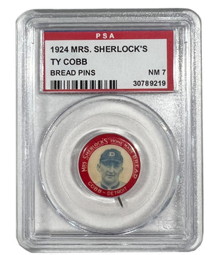 1924 Ty Cobb Mrs. Sherlock's Bread Advertising Pin. PSA NM 7.