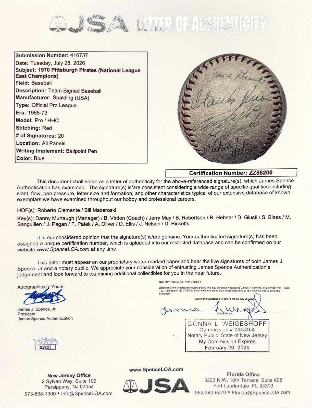 1970 Pittsburgh Pirates Team Signed Baseball with Roberto Clemente. JSA6