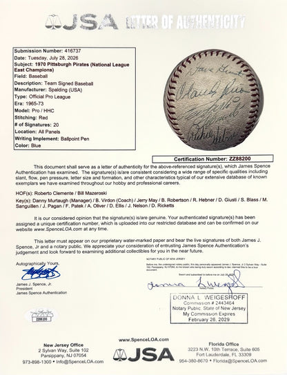 1970 Pittsburgh Pirates Team Signed Baseball with Roberto Clemente. JSA6