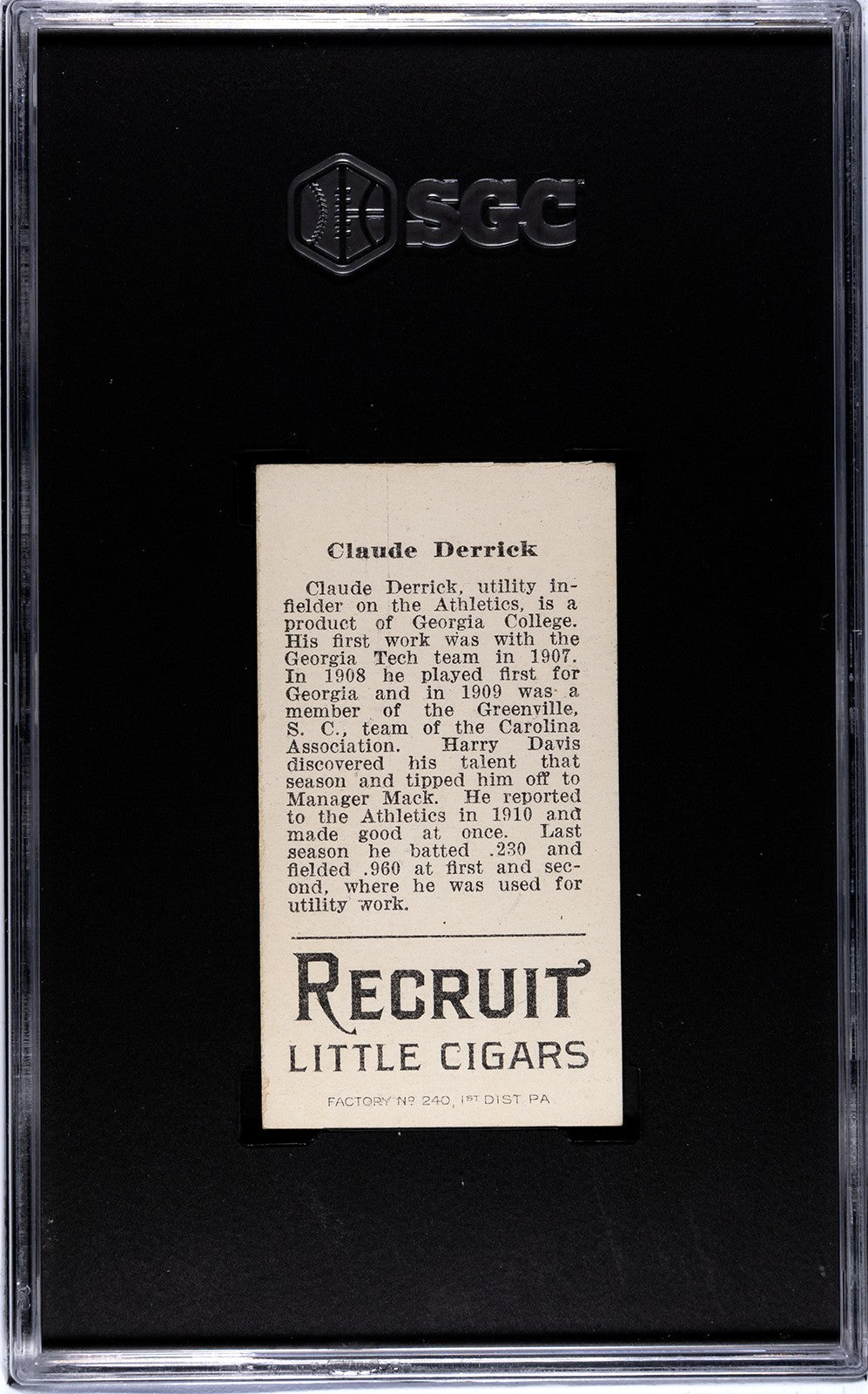 1912 Recruit Little Cigars T207 Claude Derrick SGC 4.51