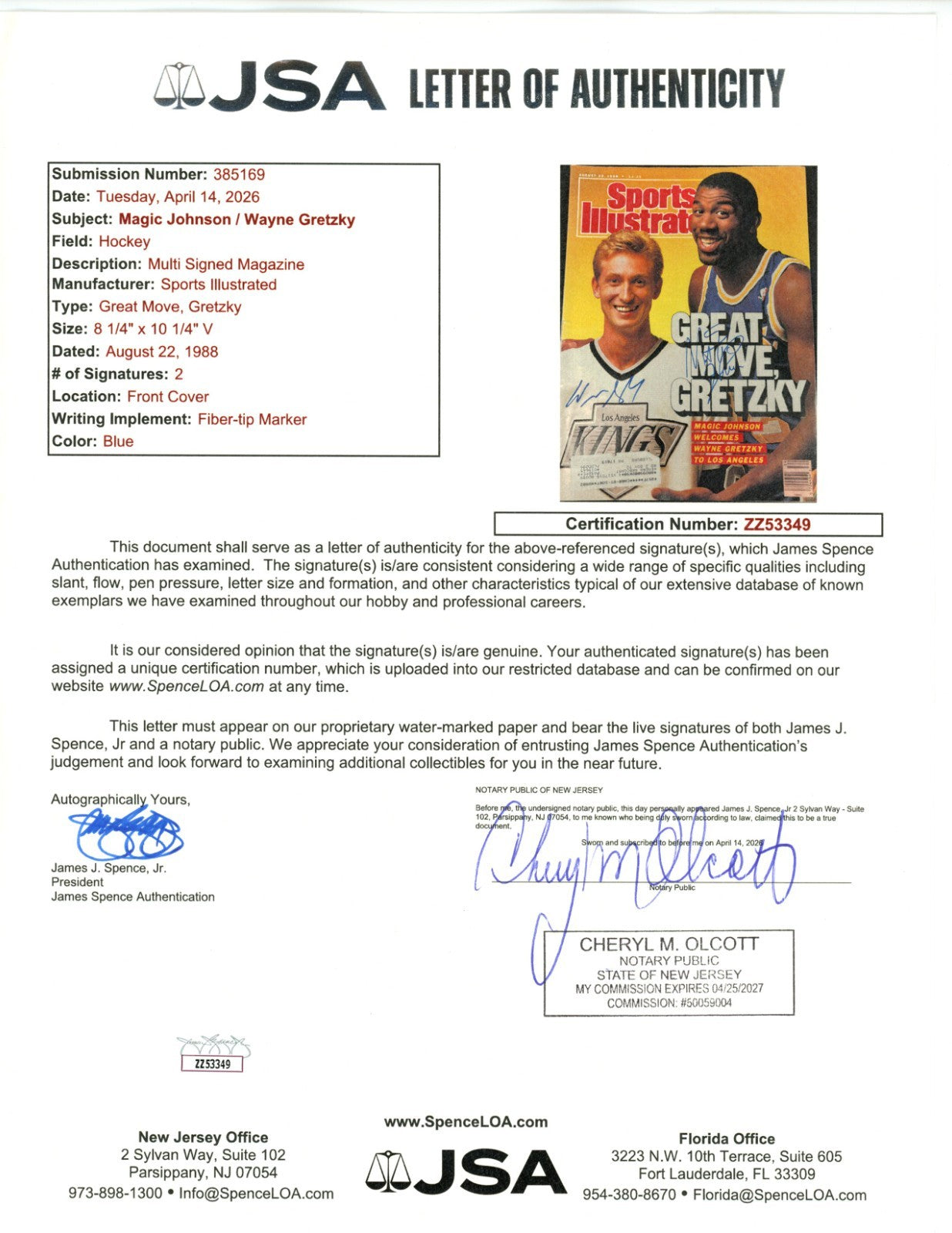 Wayne Gretzky and Magic Johnson Signed Sports Illustrated Magazine 1988, JSA2