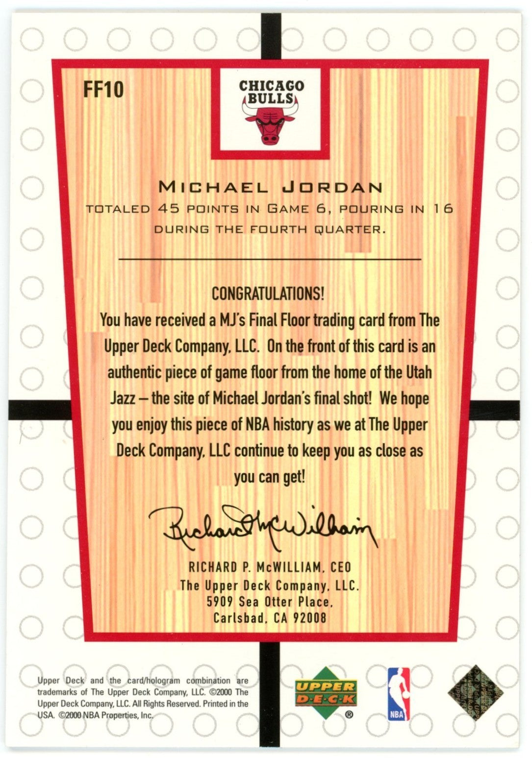 Michael Jordan 2000 Upper Deck Final Floor Game Used 1998 Finals Card. 