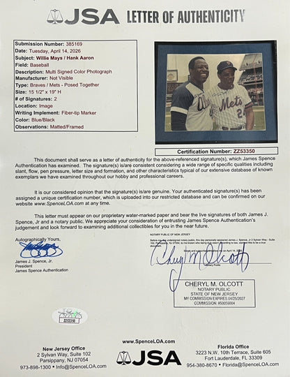 Hank Aaron &amp; Willie Mays Dual Signed 16x20 Photo. Auto JSA2
