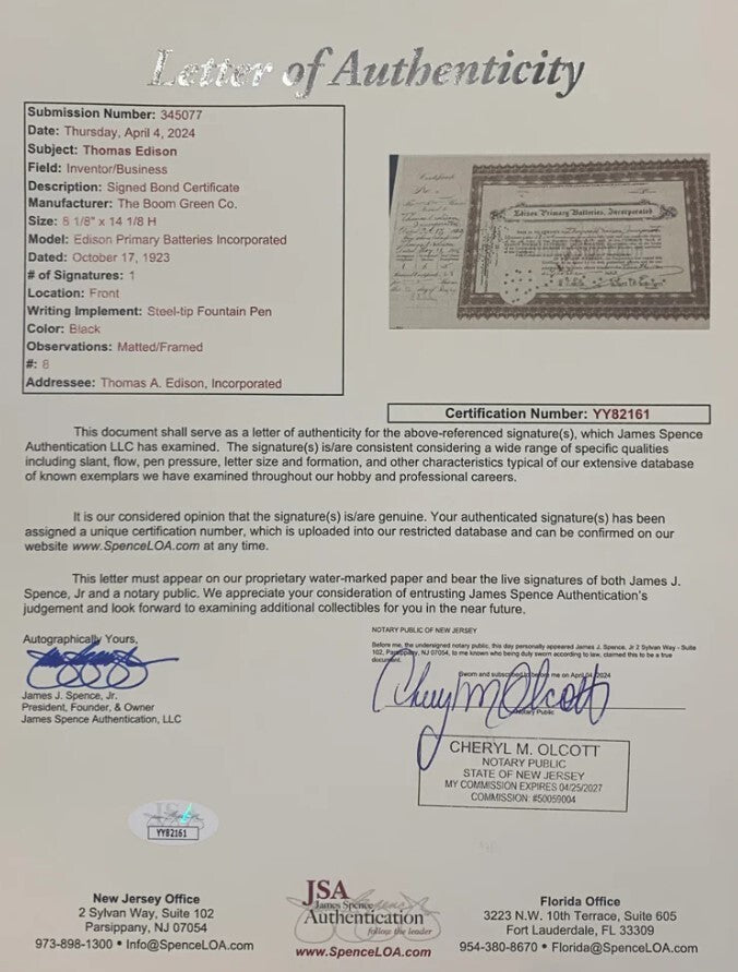 1923 Thomas Edison Electric Battery Company Signed Stock Certificate. Auto JSA2