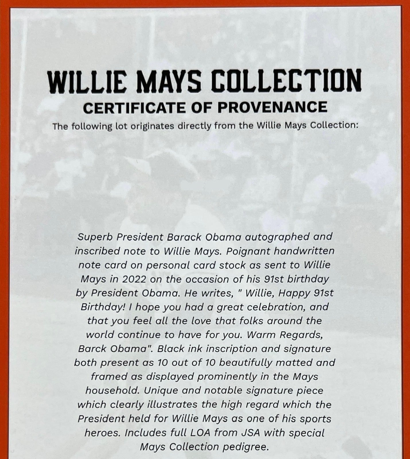 Barack Obama Handwritten &amp; Signed Birthday Letter to Willie Mays. Mays Estate5