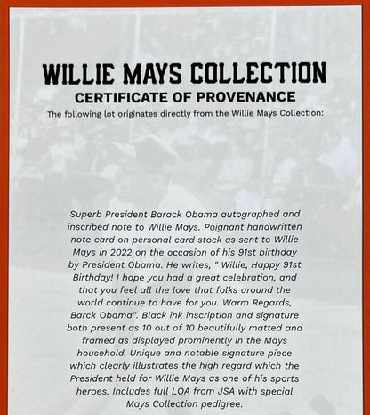 Barack Obama Handwritten &amp; Signed Birthday Letter to Willie Mays. Mays Estate5