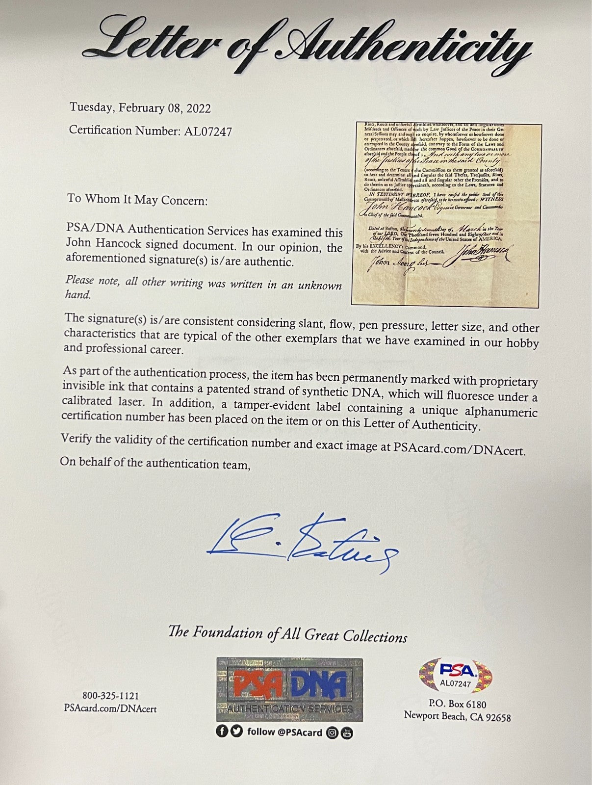 John Hancock Signed Appointment, Massachusetts, 1781. PSA JSA4