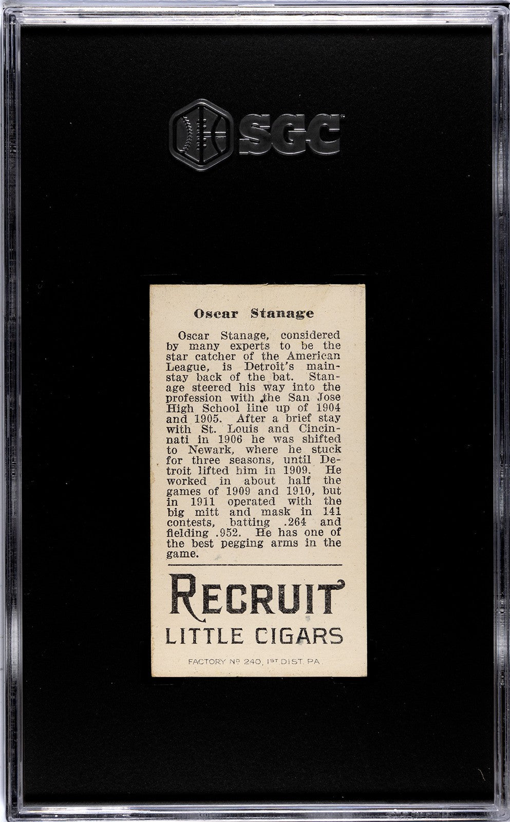 1912 Recruit Little Cigars T207 Oscar Stanage SGC 51