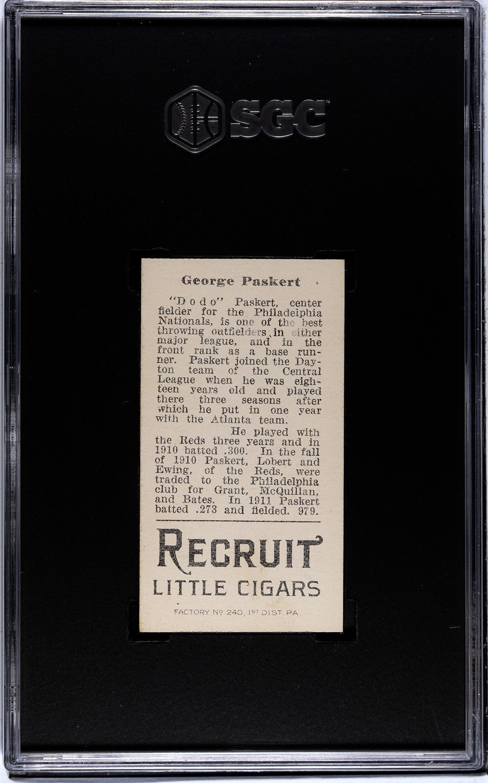 1912 Recruit Little Cigars T207 George Paskart SGC Authentic1