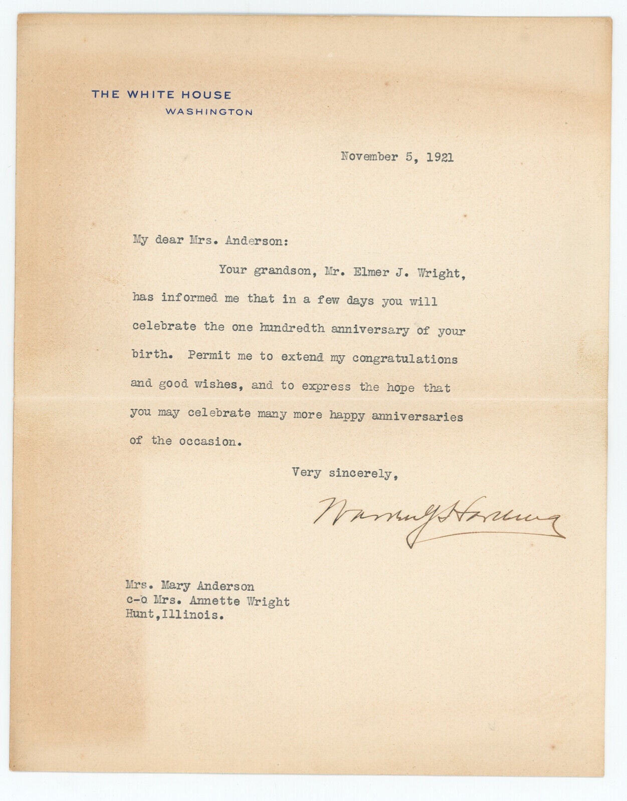 1921 Warren Harding Signed Letter White House Stationary. JSA