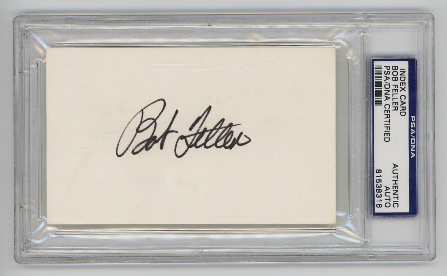 Bob Feller Signed Index Card. PSA. Cleveland Indians Hall of Famer0