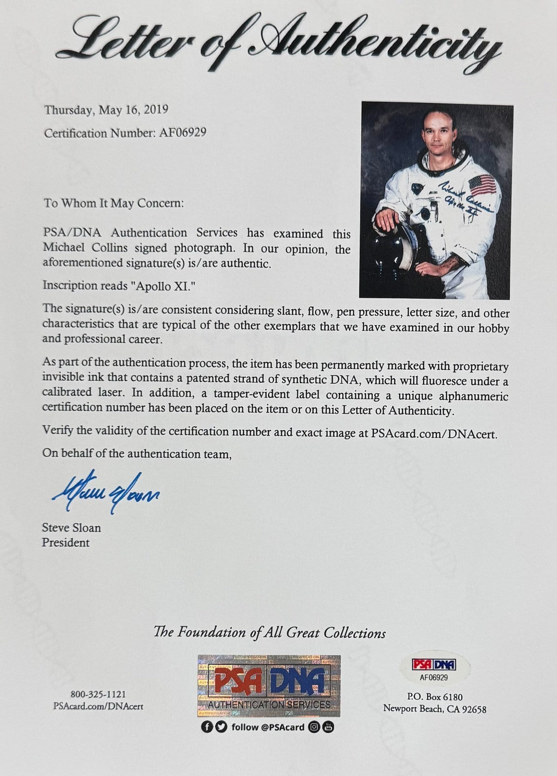 Michael Collins Signed 8x10 Photograph, Inscribed, Apollo XI. PSA2