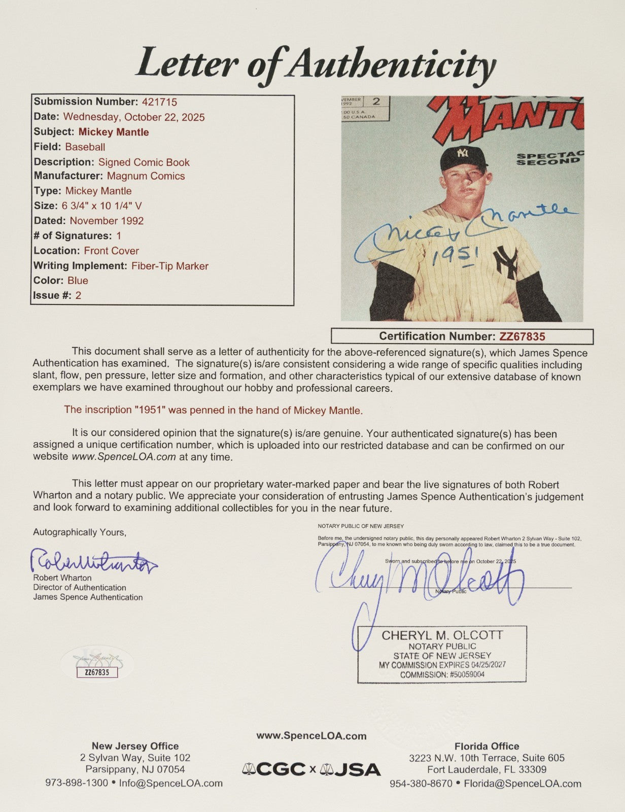Mickey Mantle Signed &amp; "1951" Inscribed "Mickey Mantle" 