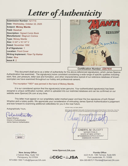 Mickey Mantle Signed &amp; "1951" Inscribed "Mickey Mantle" 