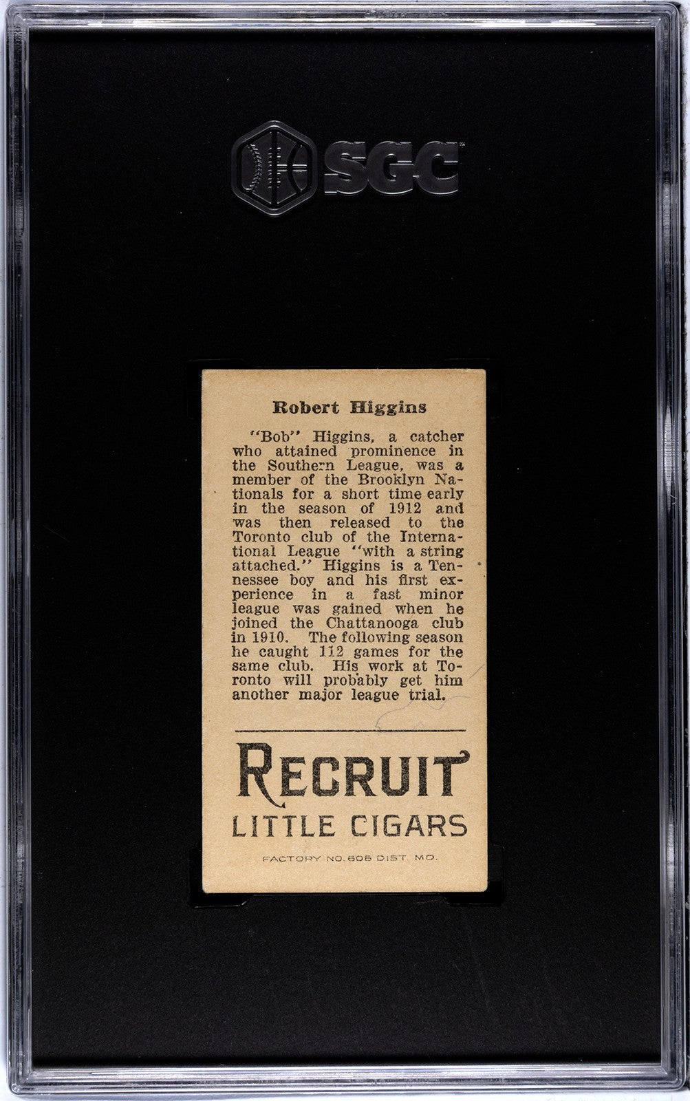 1912 Recruit Little Cigars T207 Robert Higgins SGC 41