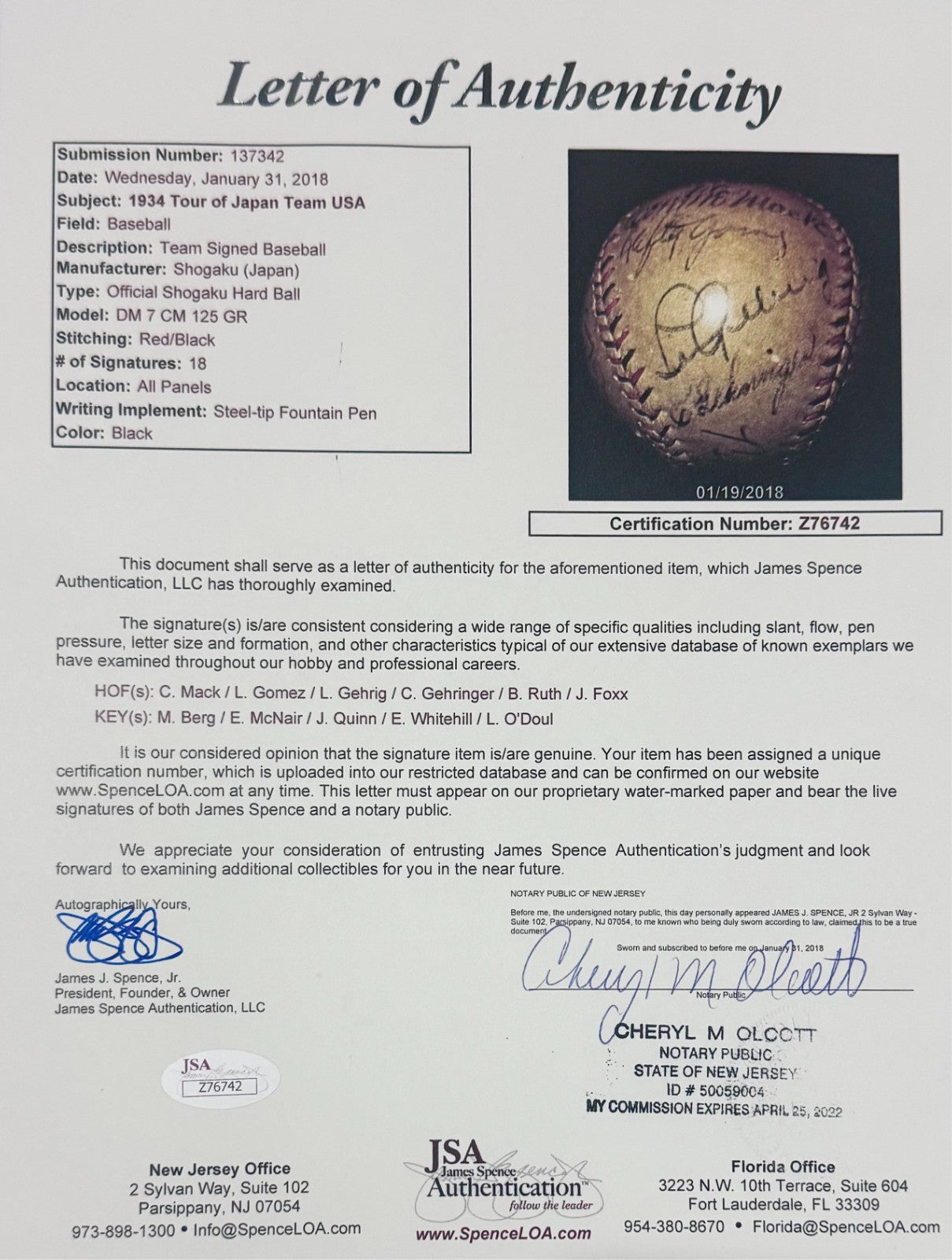 1934 Tour of Japan Signed Baseball, Ruth &amp; Gehrig. Auto PSA JSA9