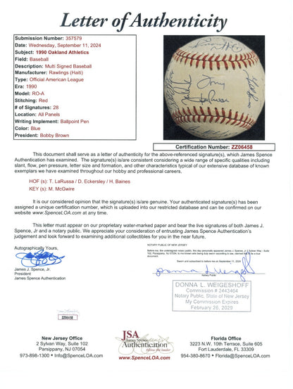 1990 Oakland Athletics Signed Ball. LaRussa, Eckersley. 28 Sigs. W.S Champs. JSA6