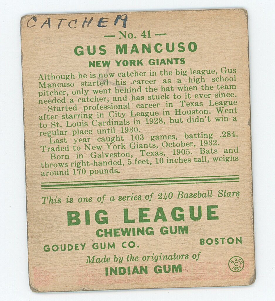 1933 Goudey Gus Mancuso. 