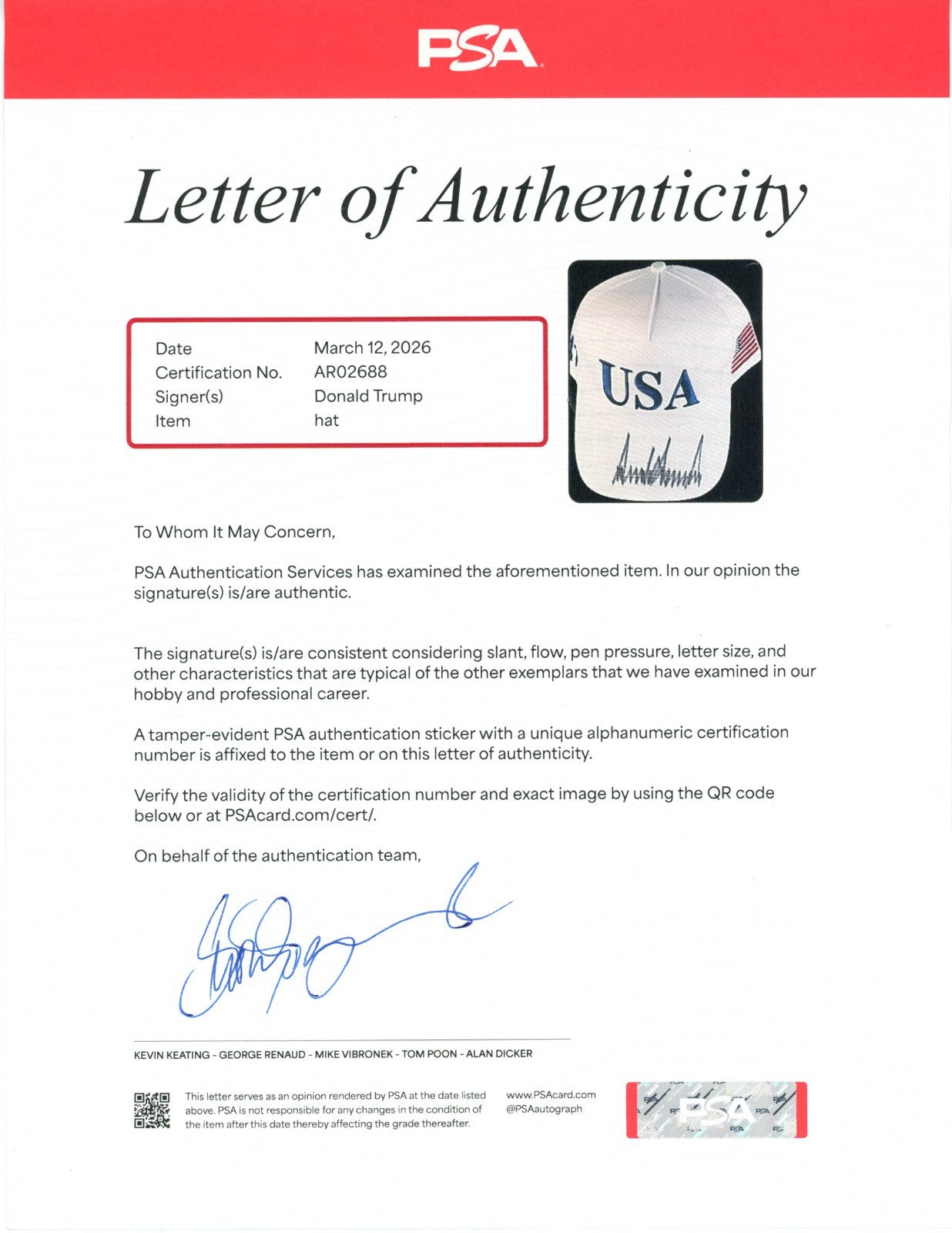 President Donald Trump Signed USA Hat, Full Name.  PSA4