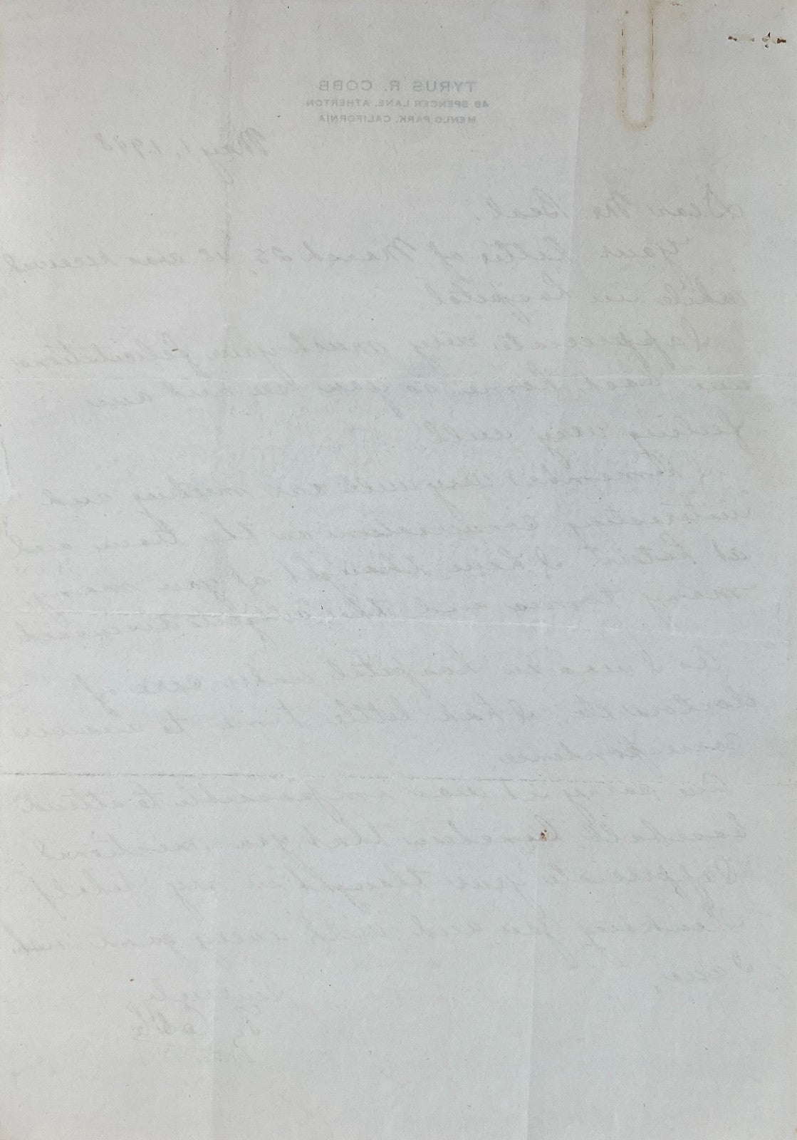 Ty Cobb Signed Letter from 1948, PSA3