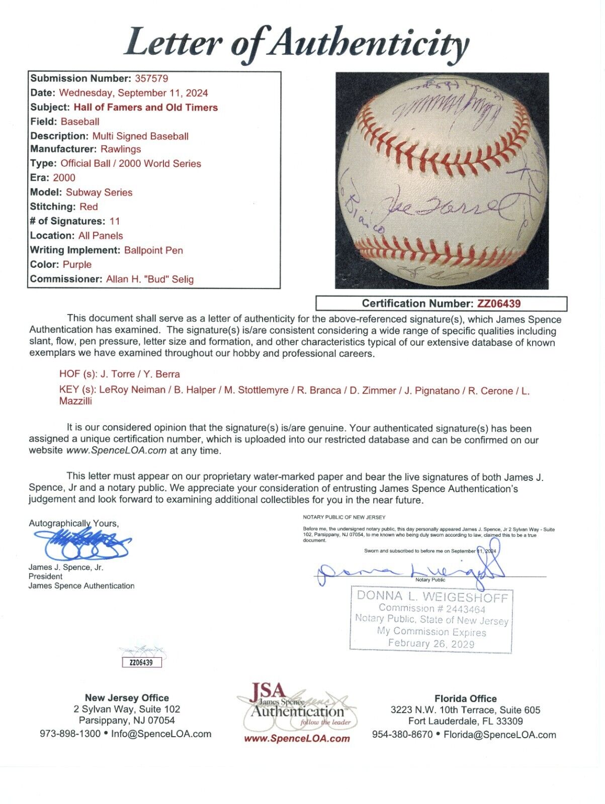 2000 World Series Signed Baseball. Barry Halper, Torre, Berra. 11 Sigs. JSA