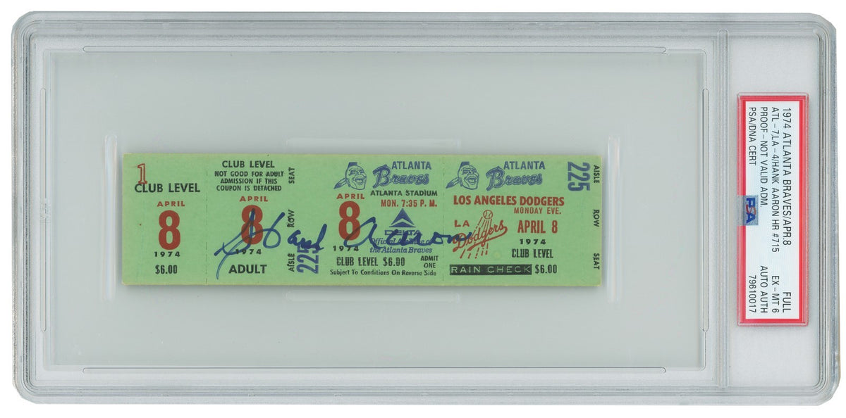 Hank Aaron Signed 715th Home Run Full Proof Ticket – April 8, 1974. PSA 61