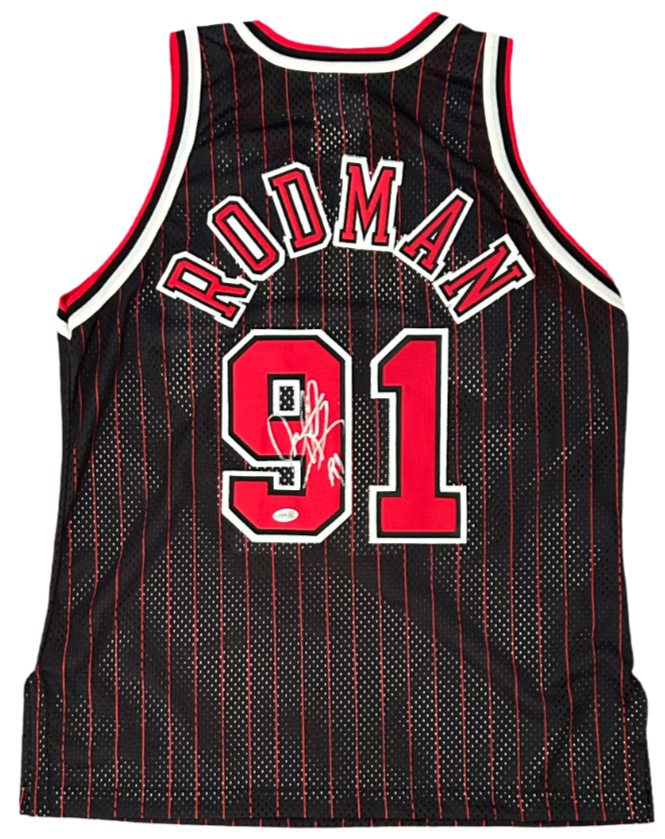 Dennis Rodman Signed Jersey. Chicago Bulls Pinstripe Champion 48 JSA0