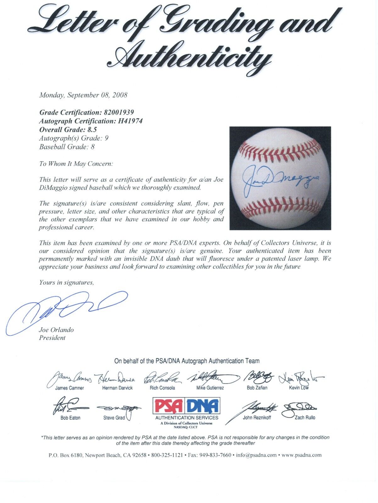 Joe DiMaggio Signed Baseball. PSA Graded 8.5