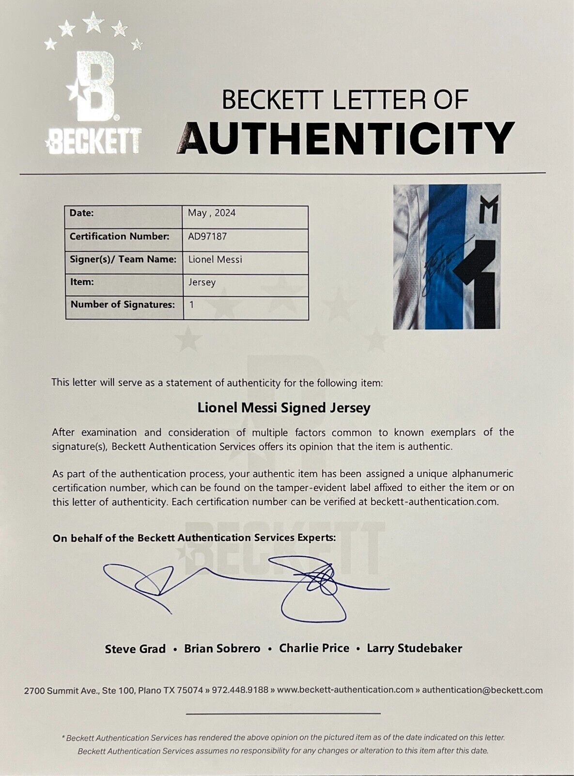 Leo Lionel Messi Signed Argentina Jersey, Beckett, Full Letter of Authenticity