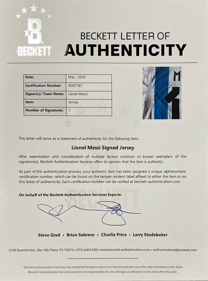 Leo Lionel Messi Signed Argentina Jersey, Beckett, Full Letter of Authenticity