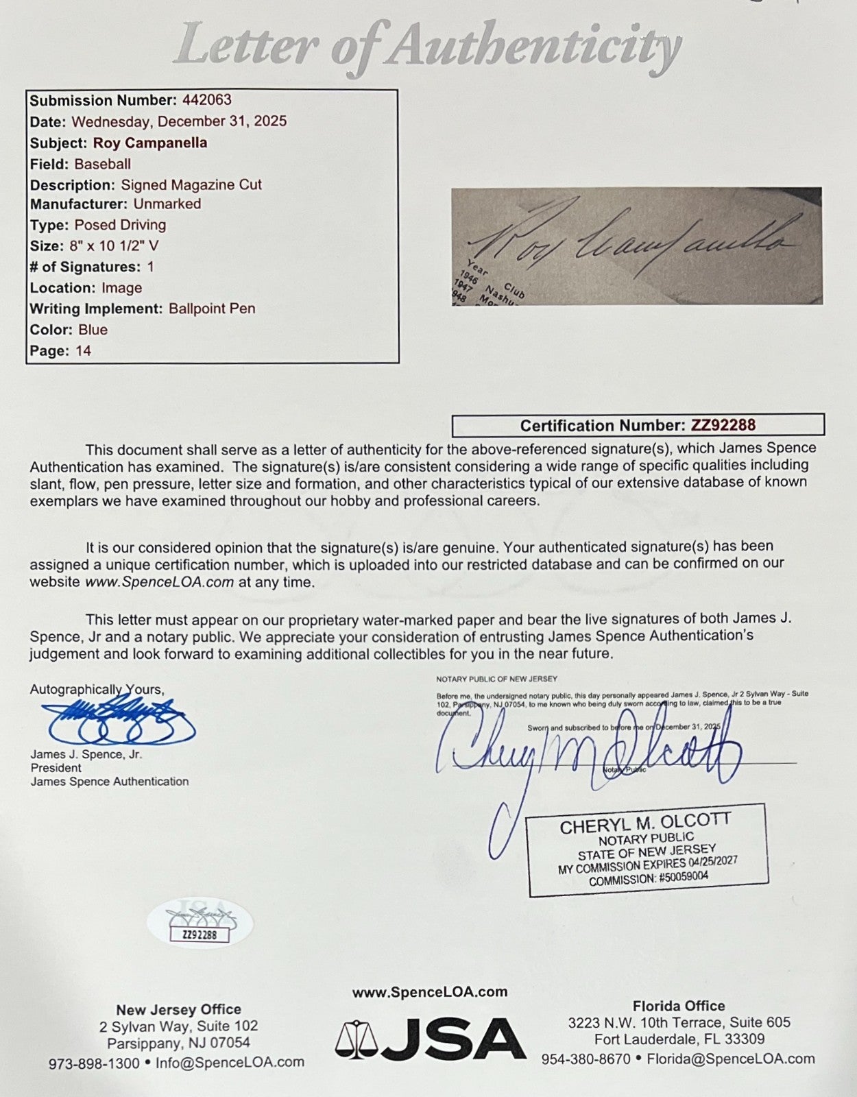 Roy Campanella Signed Photo, 1953 Dodgers Yearbook. Driving Car. JSA3