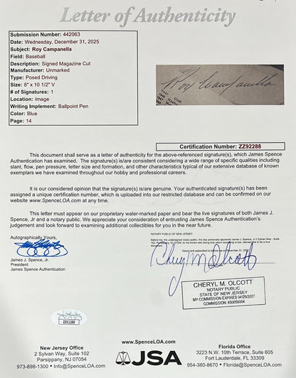 Roy Campanella Signed Photo, 1953 Dodgers Yearbook. Driving Car. JSA3