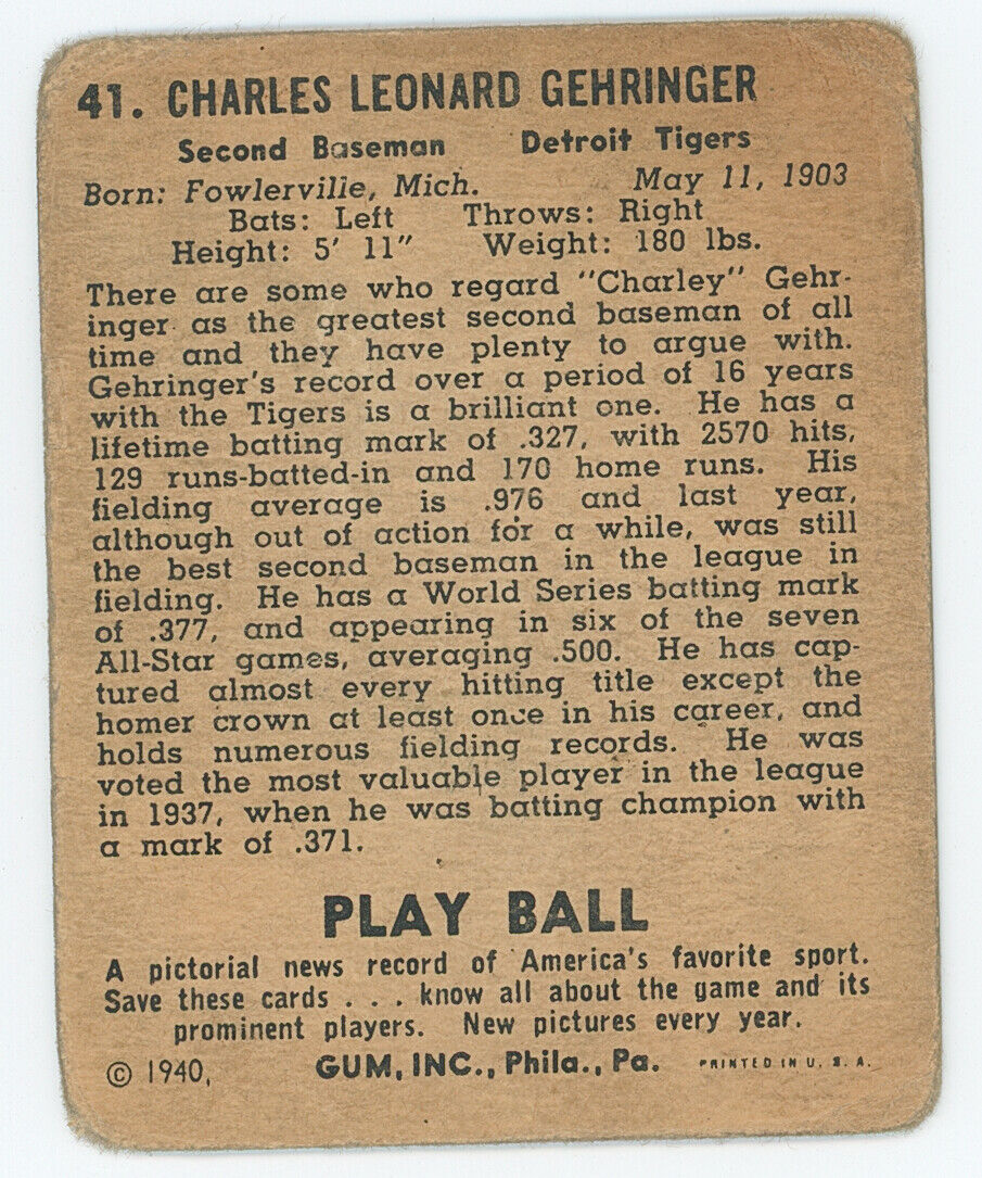 1940 Playball Charley Gehringer . 