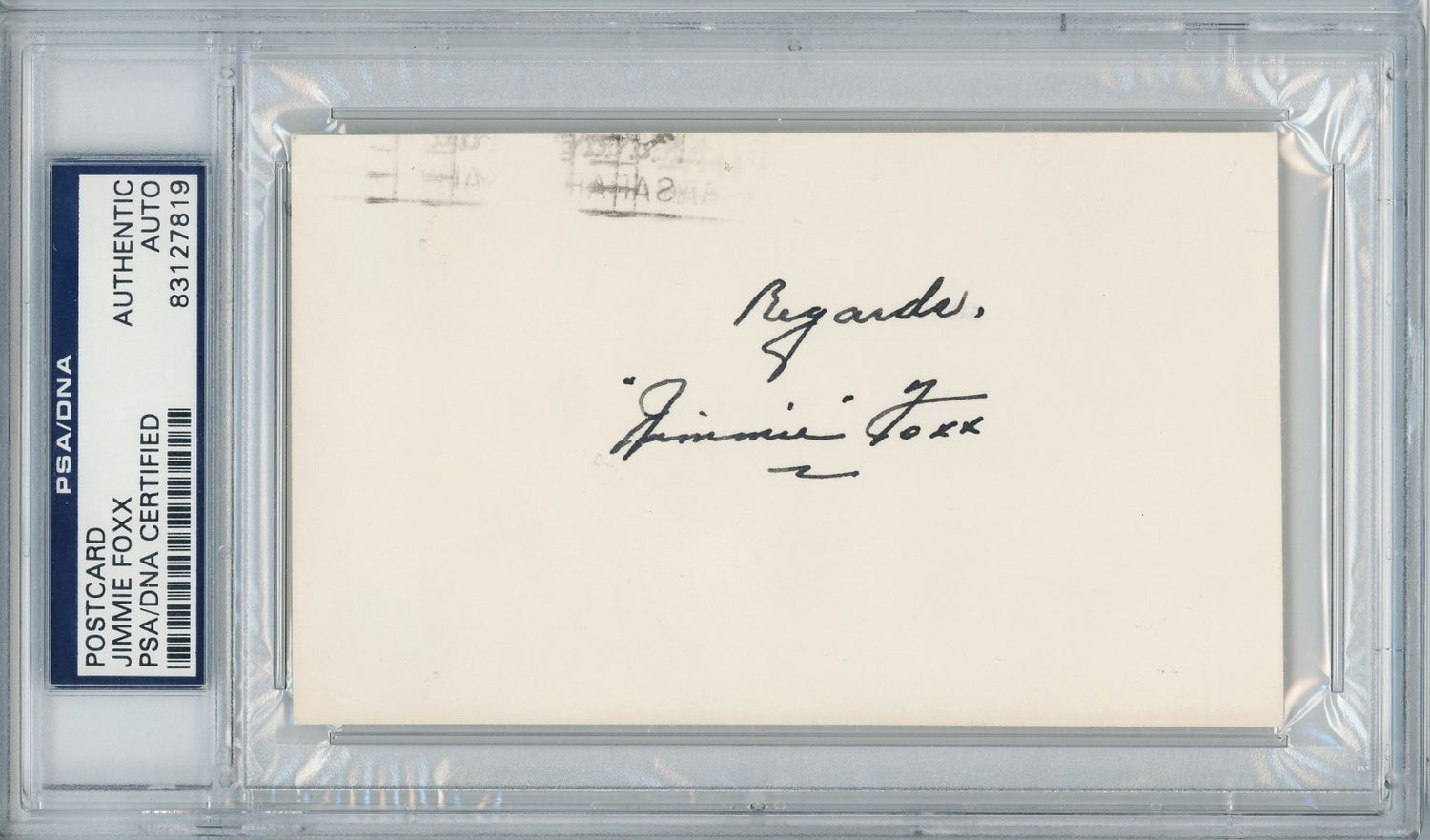 Jimmie Foxx Signed 1967 Government Postcard, Autograph GPC. Auto PSA1