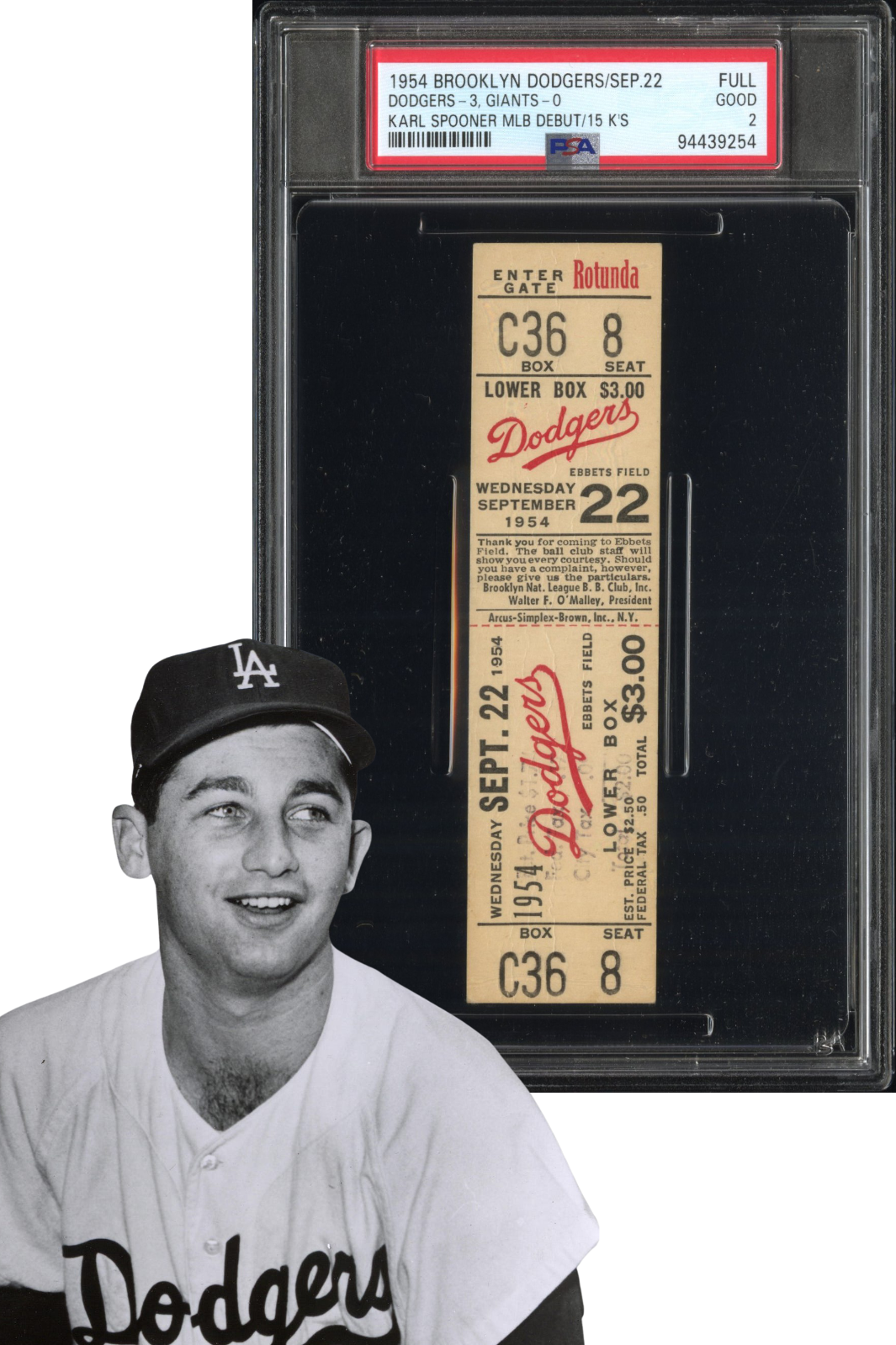 1954 Karl Spooner Original Full Ticket from MLB Debut, 15 Ks Strikeouts. PSA0